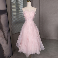 Pink Tulle Beaded Tea Length Prom dress  - Thumbnail 2