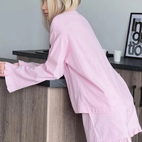 2PCS Pink Ruffle Long Sleeve Shirt + Shorts Pajama Set - Thumbnail 2