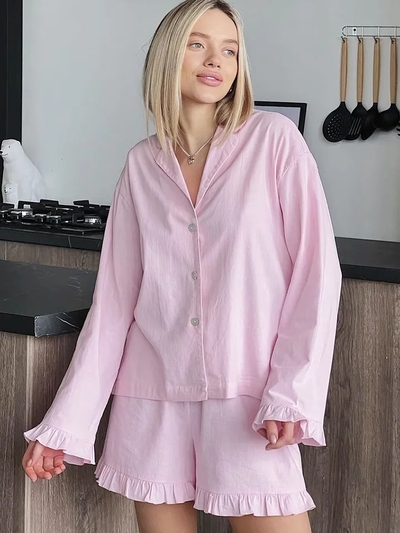 2PCS Pink Ruffle Long Sleeve Shirt + Shorts Pajama Set