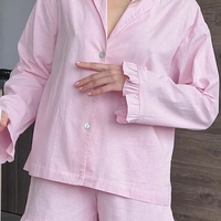 2PCS Pink Ruffle Long Sleeve Shirt + Shorts Pajama Set - Thumbnail 1