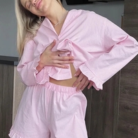 2PCS Pink Ruffle Long Sleeve Shirt + Shorts Pajama Set - Thumbnail 3