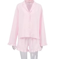 2PCS Pink Ruffle Long Sleeve Shirt + Shorts Pajama Set - Thumbnail 4