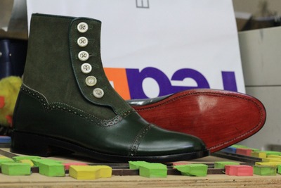 Ankle High Button Top Cap Toe Style Green Color Handmade Genuine Leather Suede Men's Boots