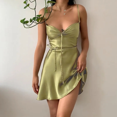Green Satin Waist Tie Dress