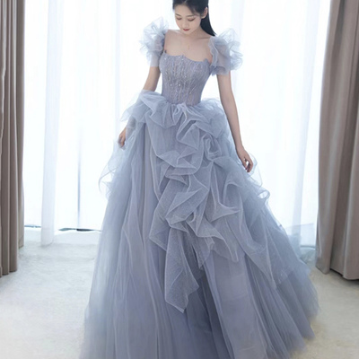 Blue tulle long prom dress, blue evening party dress - Thumbnail 2
