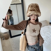 Brown Star Patchwork Long Sleeve T-shirt  - Thumbnail 3