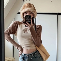 Brown Star Patchwork Long Sleeve T-shirt  - Thumbnail 4