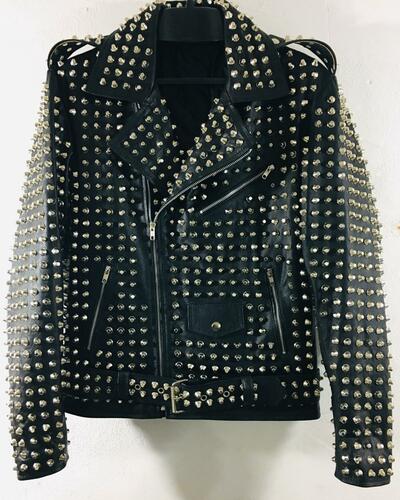 Handmade Black Punk Biker Studded Leather Jacket 