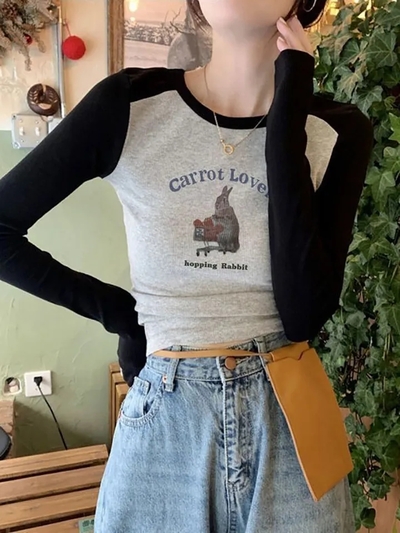 Rabbit Graphic Print Patchwork Long Sleeve Shirt 