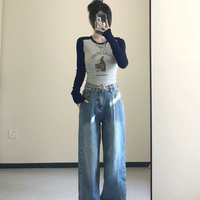 Rabbit Graphic Print Patchwork Long Sleeve Shirt  - Thumbnail 6