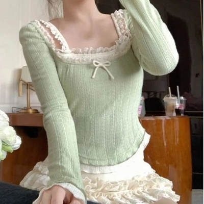 Green lace bow long sleeve shirt  - Thumbnail 1