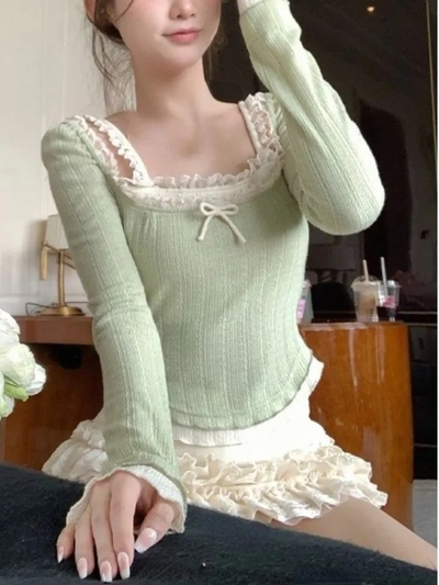 Green Lace Bow Long Sleeve Shirt 