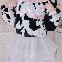 Cow Pattern Black White Pink Sailor Collar Plush Jacket Coat - Thumbnail 3