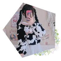 Cow Pattern Black White Pink Sailor Collar Plush Jacket Coat - Thumbnail 4