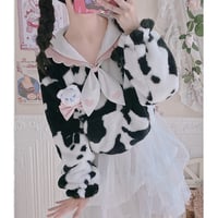 Cow Pattern Black White Pink Sailor Collar Plush Jacket Coat - Thumbnail 2