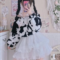 Cow Pattern Black White Pink Sailor Collar Plush Jacket Coat - Thumbnail 1