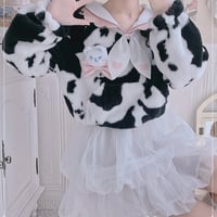 Cow Pattern Black White Pink Sailor Collar Plush Jacket Coat - Thumbnail 6