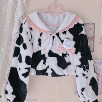 Cow Pattern Black White Pink Sailor Collar Plush Jacket Coat - Thumbnail 7