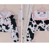 Cow Pattern Black White Pink Sailor Collar Plush Jacket Coat - Thumbnail 8