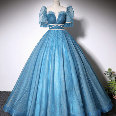 Blue tulle long a-line ball gown - Thumbnail 1