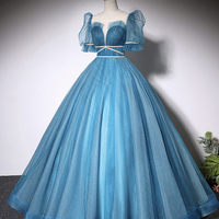 Blue Tulle Long A-Line Ball Gown - Thumbnail 1