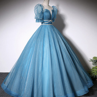 Blue Tulle Long A-Line Ball Gown - Thumbnail 2