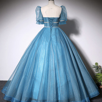 Blue Tulle Long A-Line Ball Gown - Thumbnail 3