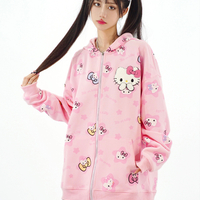 Cute Kitty Cat Print White Pink Yellow Y2K Oversize Hoodie - Thumbnail 4