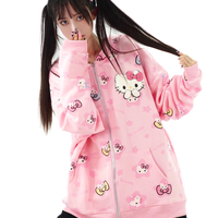 Cute Kitty Cat Print White Pink Yellow Y2K Oversize Hoodie - Thumbnail 6