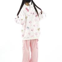 Cute Kitty Cat Print White Pink Yellow Y2K Oversize Hoodie - Thumbnail 2