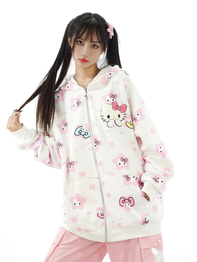 Cute Kitty Cat Print White Pink Yellow Y2K Oversize Hoodie