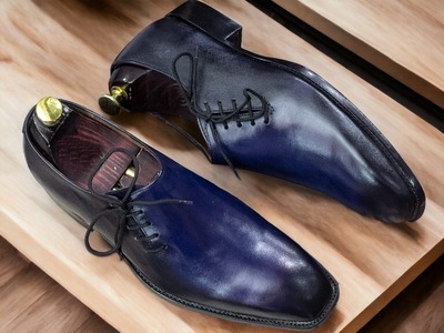 Side Lace Up Style New Fashion Pure Handmade Leather Navy Blue Colour Shoes for Men's 