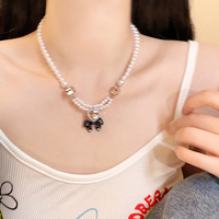 Pink Heart Black Bow Pearl Necklace Pendant - Thumbnail 4