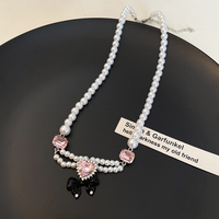 Pink Heart Black Bow Pearl Necklace Pendant - Thumbnail 6