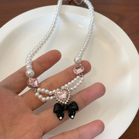 Pink Heart Black Bow Pearl Necklace Pendant - Thumbnail 7