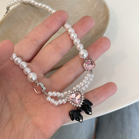 Pink Heart Black Bow Pearl Necklace Pendant - Thumbnail 8
