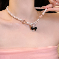 Pink Heart Black Bow Pearl Necklace Pendant - Thumbnail 2