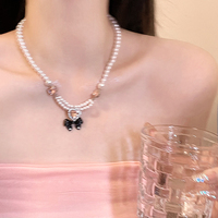 Pink Heart Black Bow Pearl Necklace Pendant - Thumbnail 1