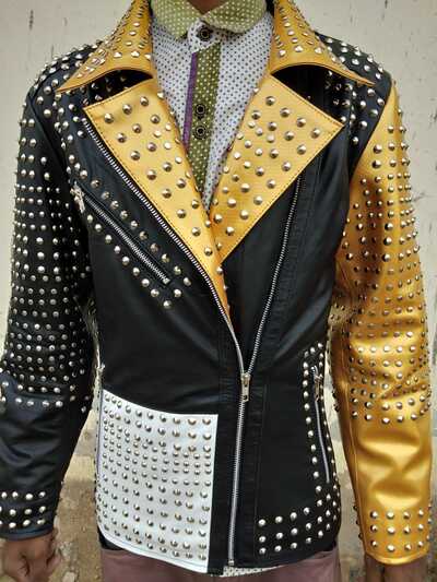 Handmade Men's Gold Studded Punk Motorcycle Leather Jacket