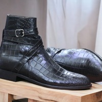 Alligator Texture Genuine Leather Black Color Jodhpur Style Men's Classic Boots - Thumbnail 1