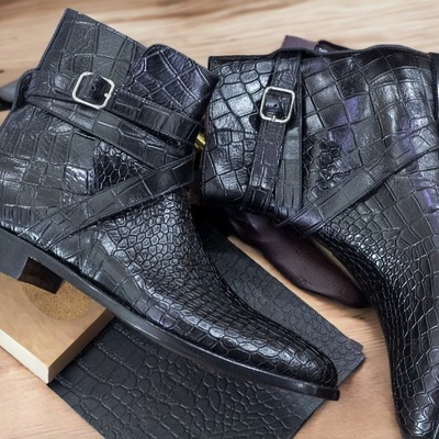 Alligator texture genuine leather black color jodhpur style men's classic boots
