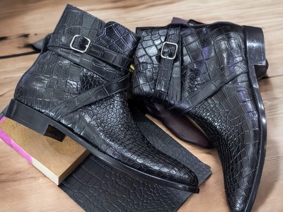 Alligator Texture Genuine Leather Black Color Jodhpur Style Men's Classic Boots