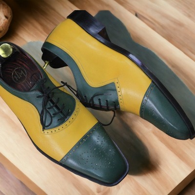 New stylish lace up brogue toe and cap toe style two tone color men's pure handmade leather shoes - Thumbnail 1