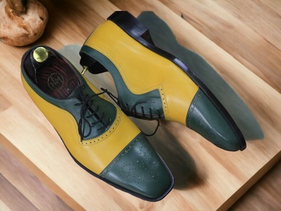 New Stylish Lace UP Brogue Toe and Cap Toe Style Two Tone Color Men's Pure Handmade Leather Shoes