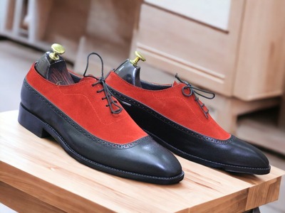 Men's Handmade Lace Up Style Pure Leather Suede Red and Black Color Formal Shoes