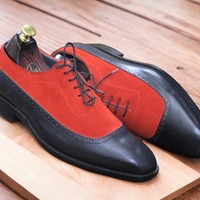Men's Handmade Lace Up Style Pure Leather Suede Red and Black Color Formal Shoes - Thumbnail 1