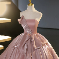 Dusty Pink Strapless Tulle Long A-Line Ball Gown - Thumbnail 1