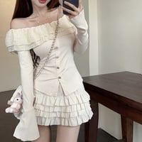 Frill Ruffled Coquette Fit Long Sleeve Cream Top - Thumbnail 4