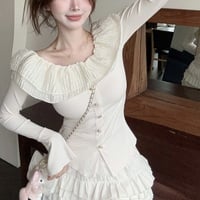 Frill Ruffled Coquette Fit Long Sleeve Cream Top - Thumbnail 8