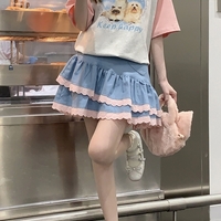 Sweet Girl Pink Lace Tutu Blue Denim Colored Skirt - Thumbnail 1